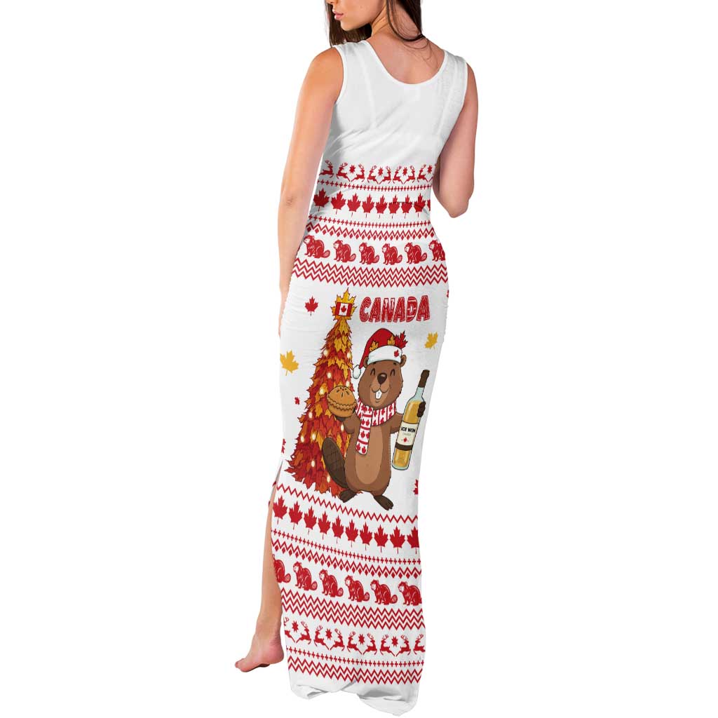Canada Christmas Tank Maxi Dress with Beaver Maple Tree Ice Wine Pie and Red White Knit Pattern Design - Wonder Print Shop