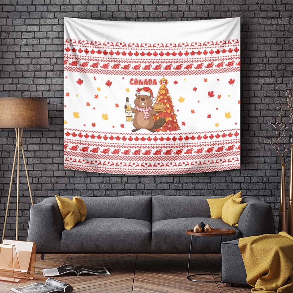Canada Christmas Tapestry with Beaver Maple Tree Ice Wine Pie and Red White Knit Pattern Design - Wonder Print Shop