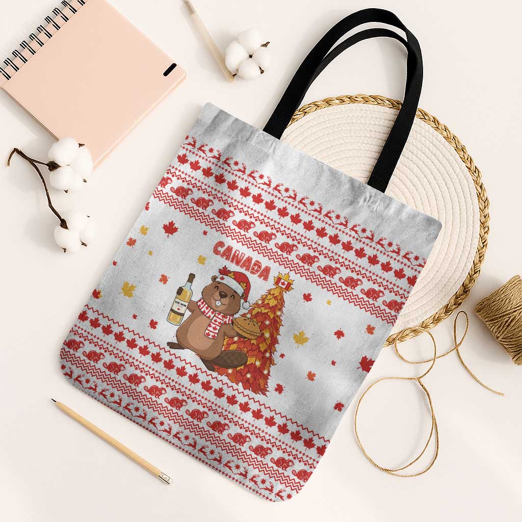 Canada Christmas Tote Bag with Beaver Maple Tree Ice Wine Pie and Red White Knit Pattern Design - Wonder Print Shop