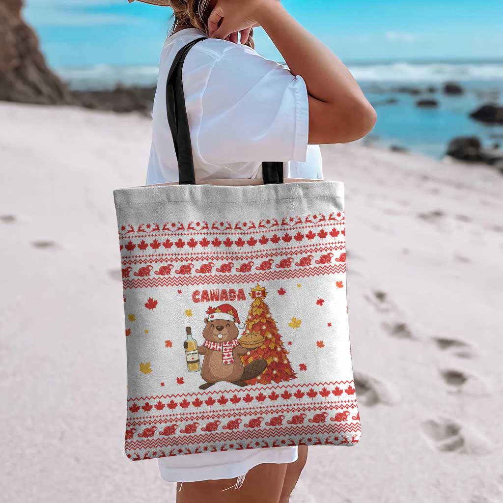 Canada Christmas Tote Bag with Beaver Maple Tree Ice Wine Pie and Red White Knit Pattern Design - Wonder Print Shop