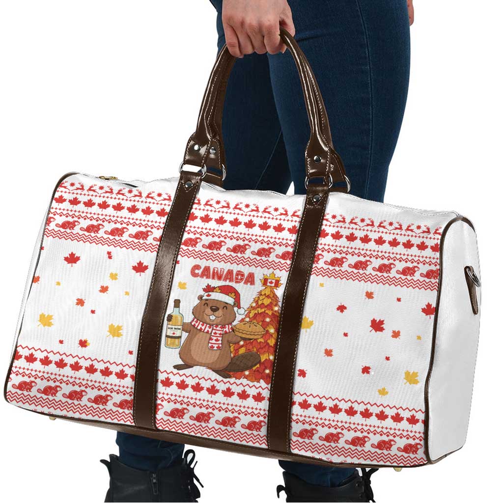 Canada Christmas Travel Bag with Beaver Maple Tree Ice Wine Pie and Red White Knit Pattern Design - Wonder Print Shop