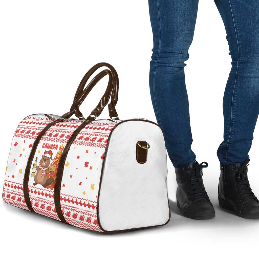 Canada Christmas Travel Bag with Beaver Maple Tree Ice Wine Pie and Red White Knit Pattern Design - Wonder Print Shop
