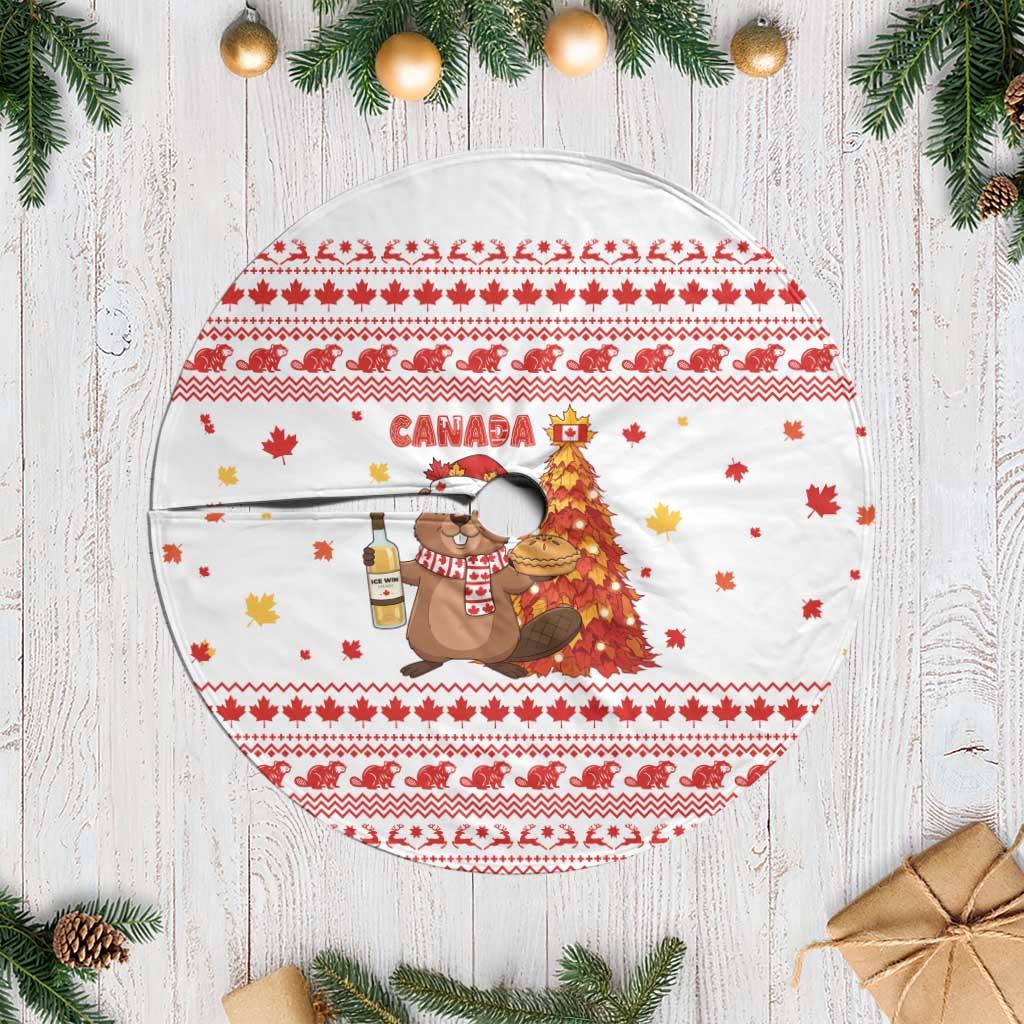 Canada Christmas Tree Skirt with Beaver Maple Tree Ice Wine Pie and Red White Knit Pattern Design - Wonder Print Shop