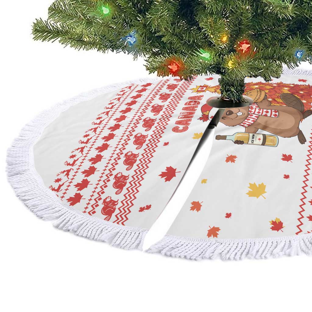 Canada Christmas Tree Skirt with Beaver Maple Tree Ice Wine Pie and Red White Knit Pattern Design - Wonder Print Shop
