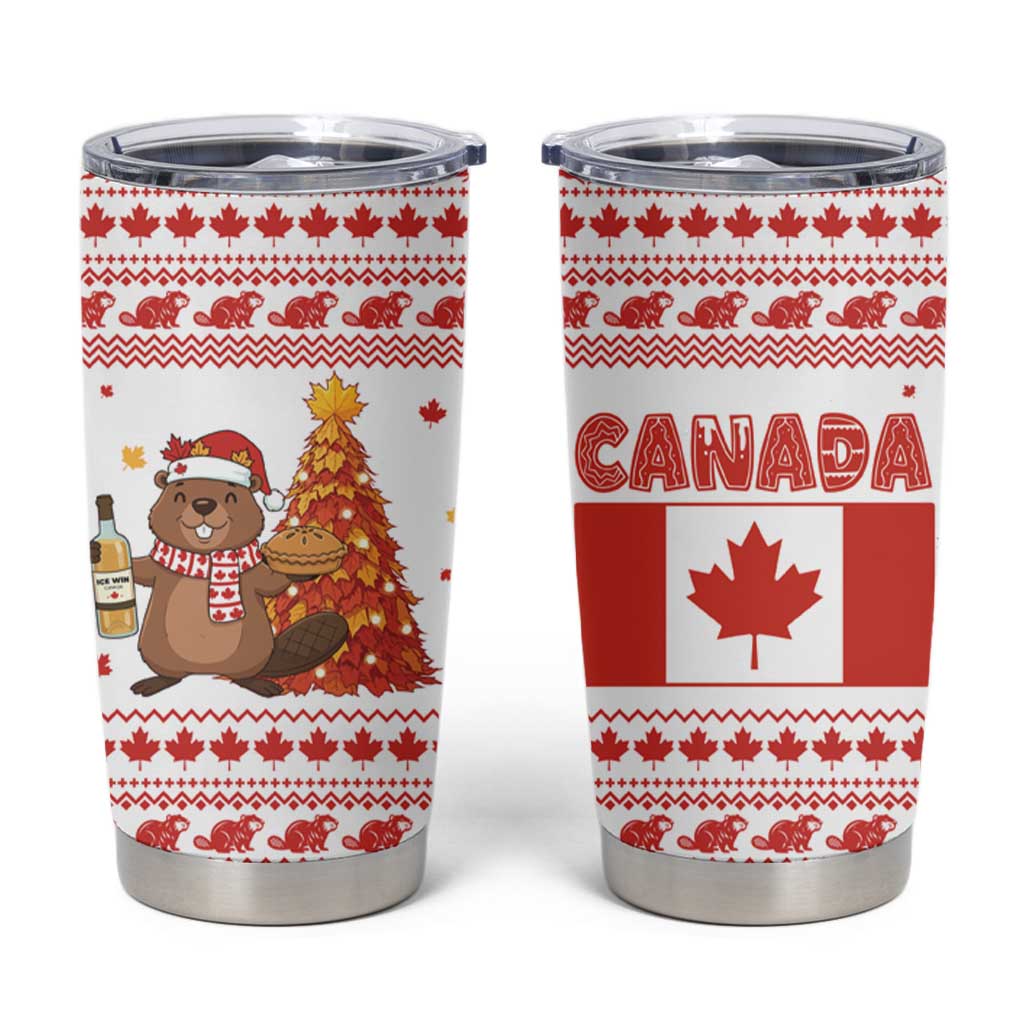 Canada Christmas Tumbler Cup with Beaver Maple Tree Ice Wine Pie and Red White Knit Pattern Design - Wonder Print Shop