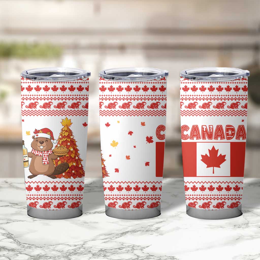 Canada Christmas Tumbler Cup with Beaver Maple Tree Ice Wine Pie and Red White Knit Pattern Design - Wonder Print Shop
