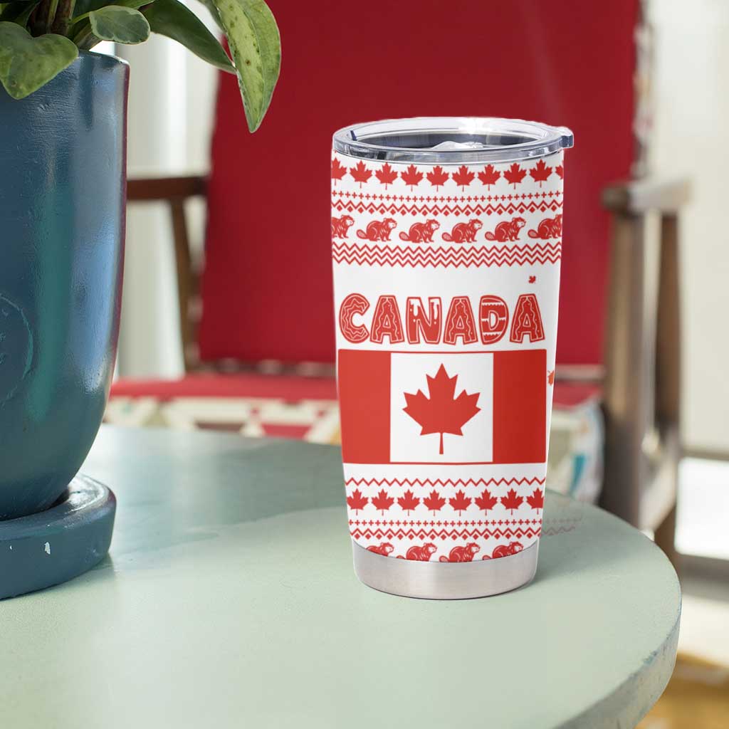 Canada Christmas Tumbler Cup with Beaver Maple Tree Ice Wine Pie and Red White Knit Pattern Design - Wonder Print Shop