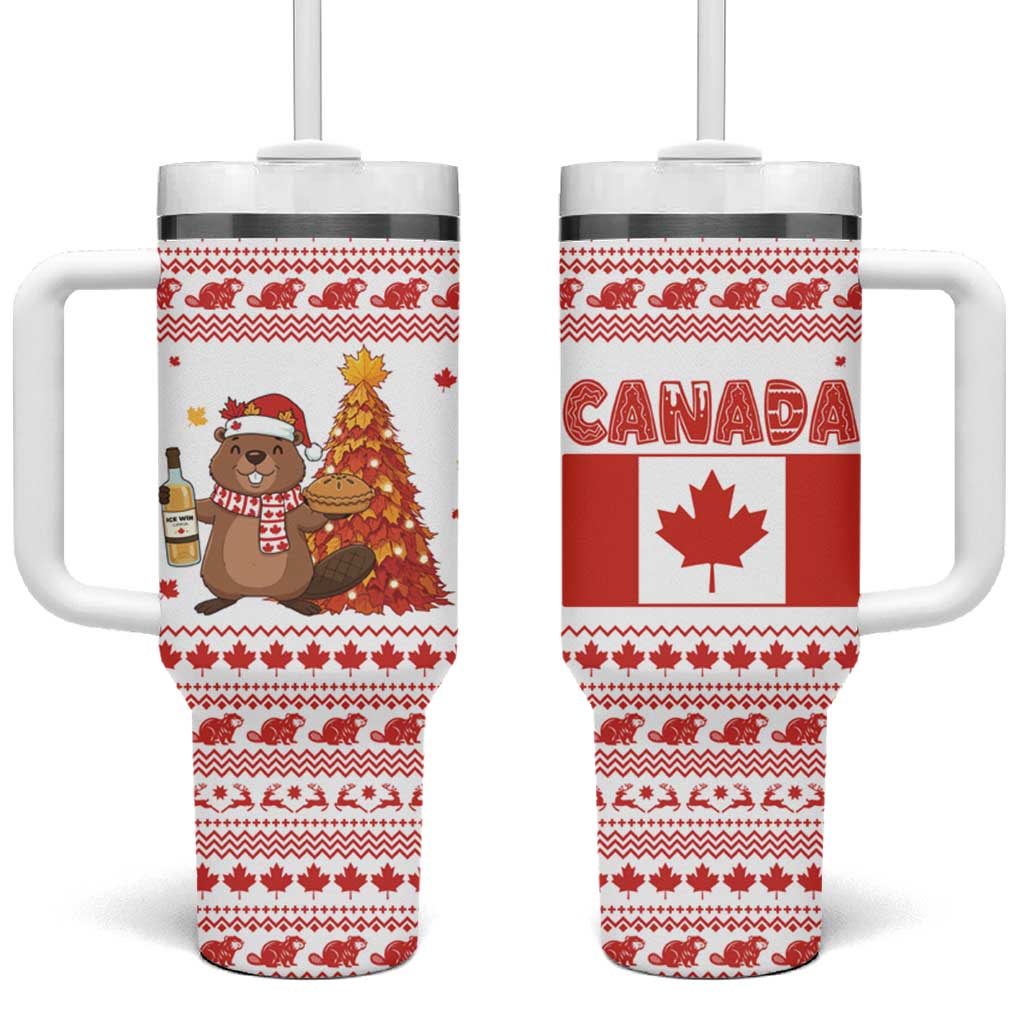 Canada Christmas Tumbler With Handle with Beaver Maple Tree Ice Wine Pie and Red White Knit Pattern Design - Wonder Print Shop