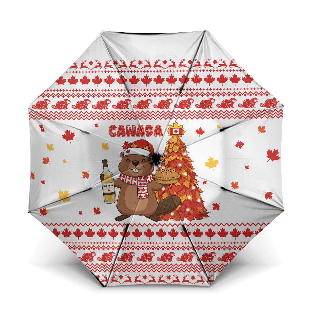 Canada Christmas Umbrella with Beaver Maple Tree Ice Wine Pie and Red White Knit Pattern Design - Wonder Print Shop