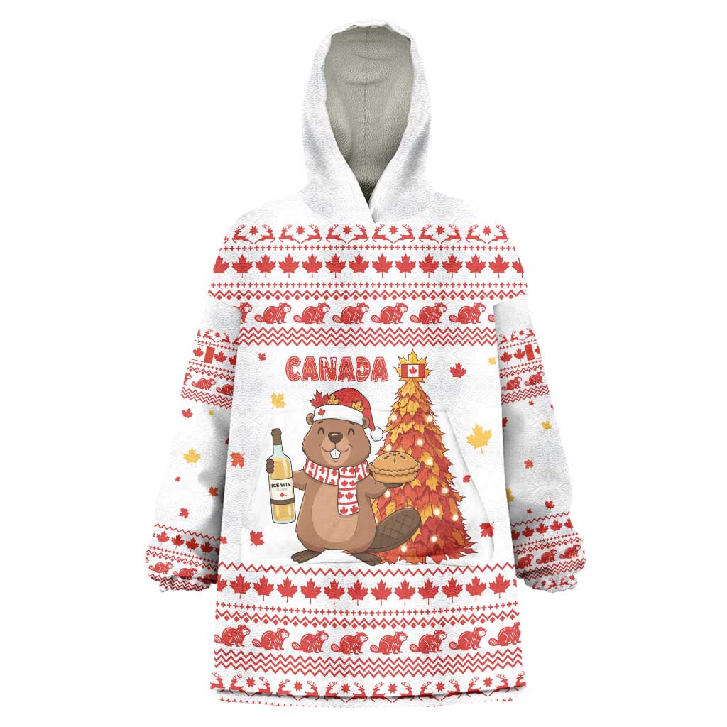 Canada Christmas Wearable Blanket Hoodie with Beaver Maple Tree Ice Wine Pie and Red White Knit Pattern Design - Wonder Print Shop