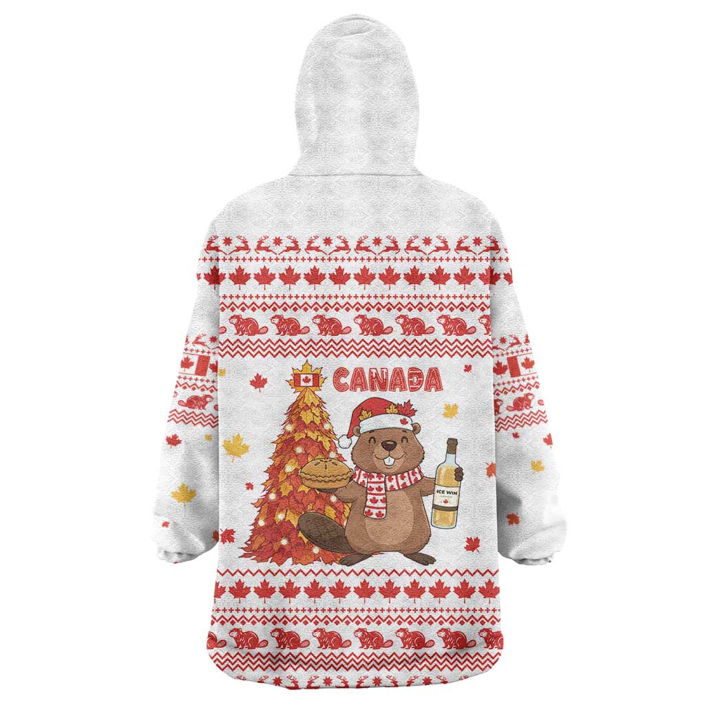 Canada Christmas Wearable Blanket Hoodie with Beaver Maple Tree Ice Wine Pie and Red White Knit Pattern Design - Wonder Print Shop