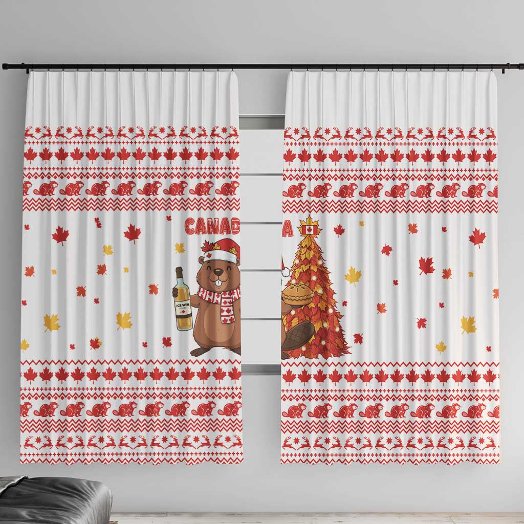 Canada Christmas Window Curtain with Beaver Maple Tree Ice Wine Pie and Red White Knit Pattern Design - Wonder Print Shop