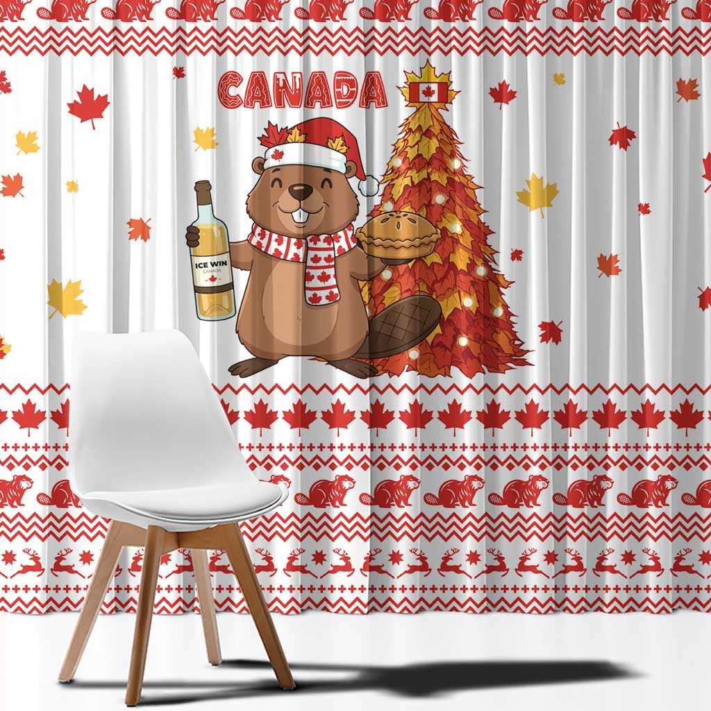 Canada Christmas Window Curtain with Beaver Maple Tree Ice Wine Pie and Red White Knit Pattern Design - Wonder Print Shop
