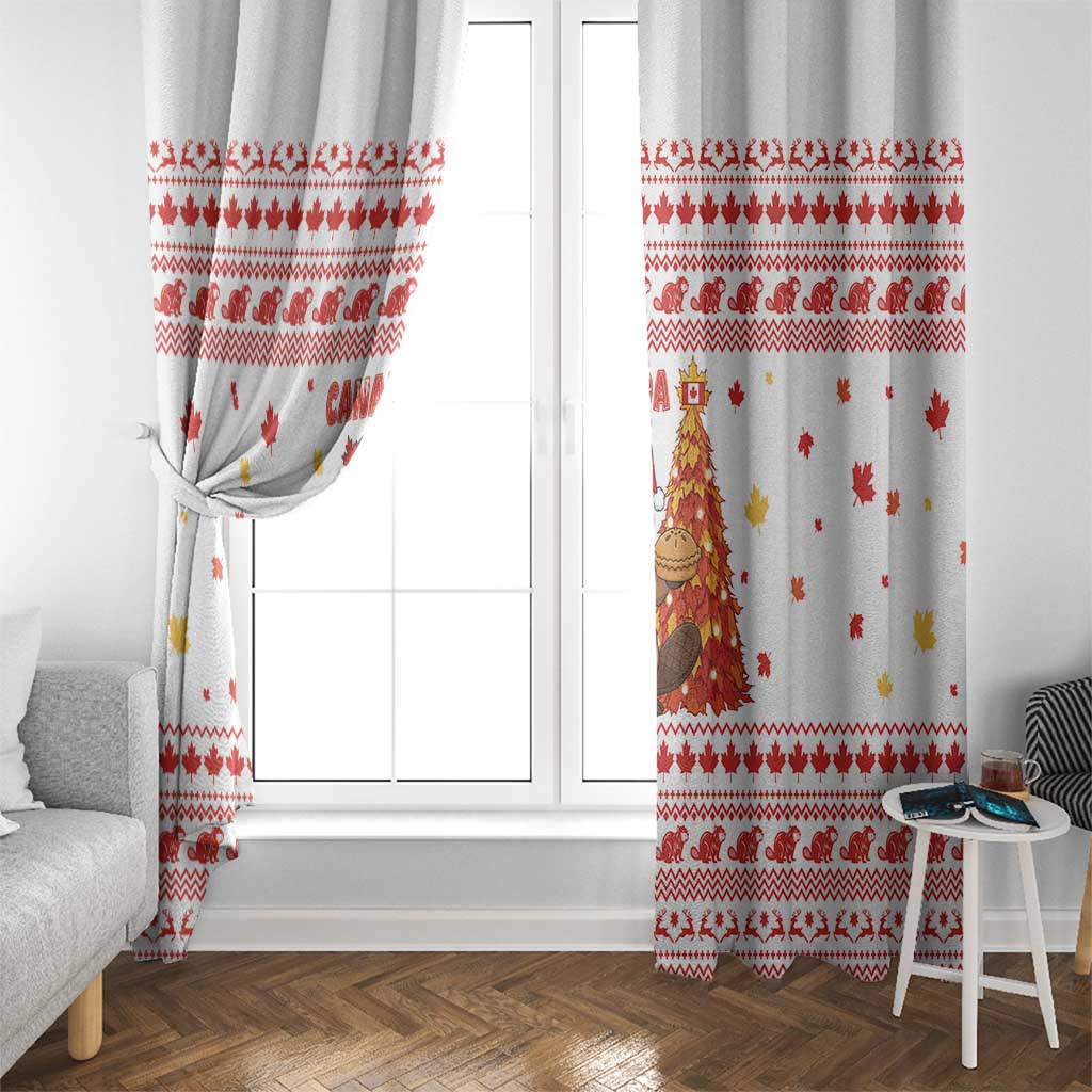 Canada Christmas Window Curtain with Beaver Maple Tree Ice Wine Pie and Red White Knit Pattern Design - Wonder Print Shop