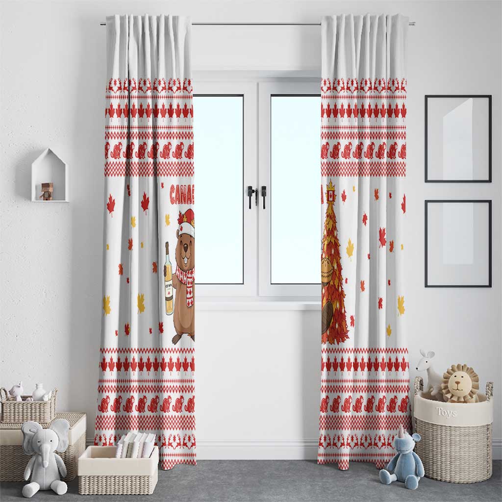 Canada Christmas Window Curtain with Beaver Maple Tree Ice Wine Pie and Red White Knit Pattern Design - Wonder Print Shop