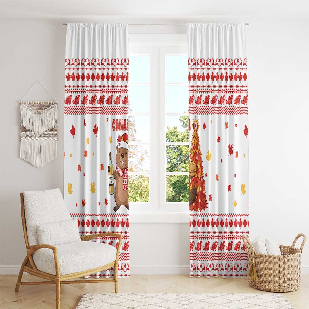 Canada Christmas Window Curtain with Beaver Maple Tree Ice Wine Pie and Red White Knit Pattern Design - Wonder Print Shop