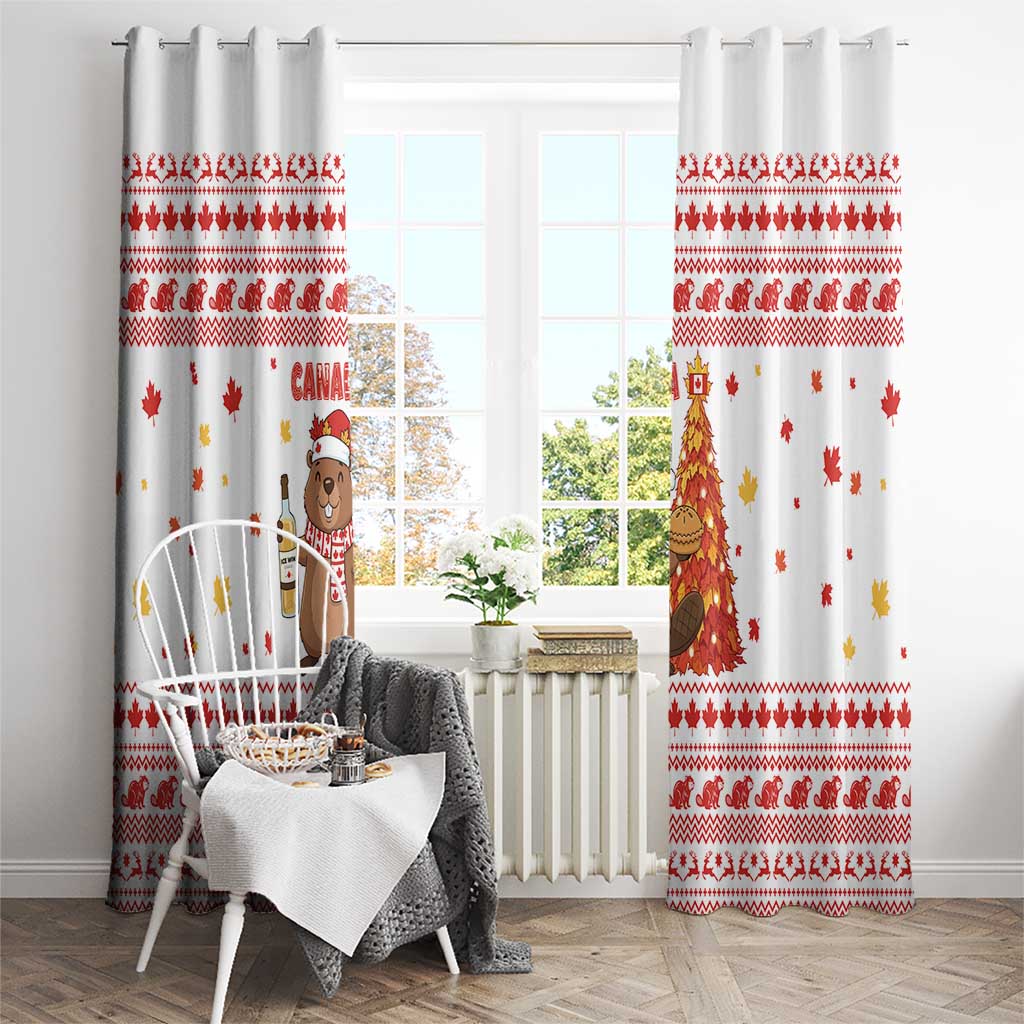 Canada Christmas Window Curtain with Beaver Maple Tree Ice Wine Pie and Red White Knit Pattern Design - Wonder Print Shop