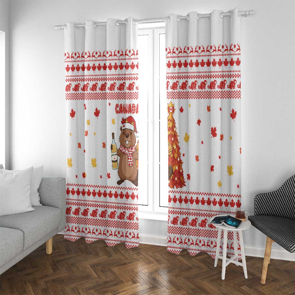 Canada Christmas Window Curtain with Beaver Maple Tree Ice Wine Pie and Red White Knit Pattern Design - Wonder Print Shop