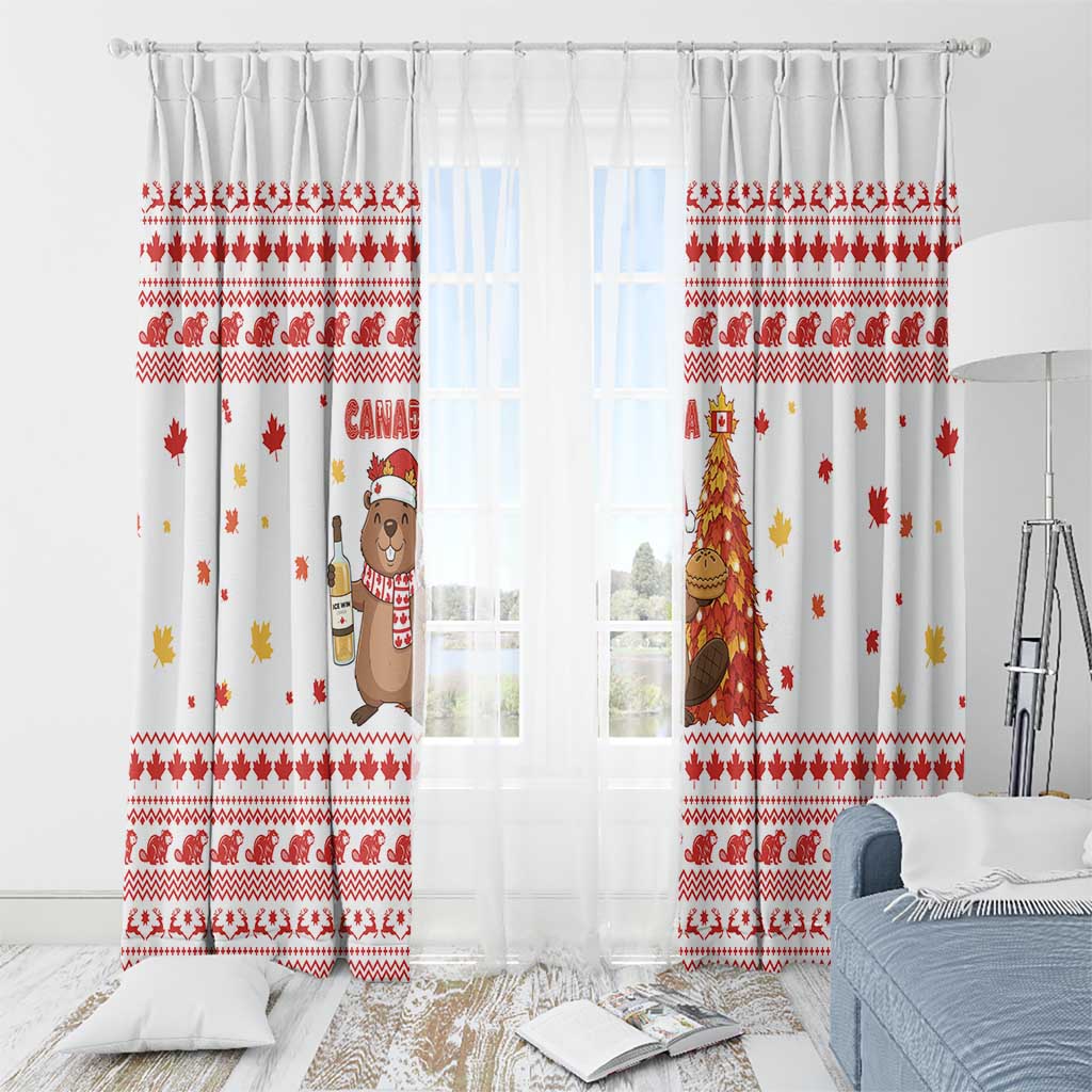 Canada Christmas Window Curtain with Beaver Maple Tree Ice Wine Pie and Red White Knit Pattern Design - Wonder Print Shop