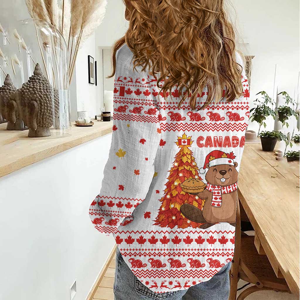 Canada Christmas Women Casual Shirt with Beaver Maple Tree Ice Wine Pie and Red White Knit Pattern Design - Wonder Print Shop