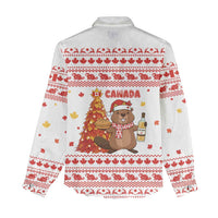 Canada Christmas Women Casual Shirt with Beaver Maple Tree Ice Wine Pie and Red White Knit Pattern Design - Wonder Print Shop
