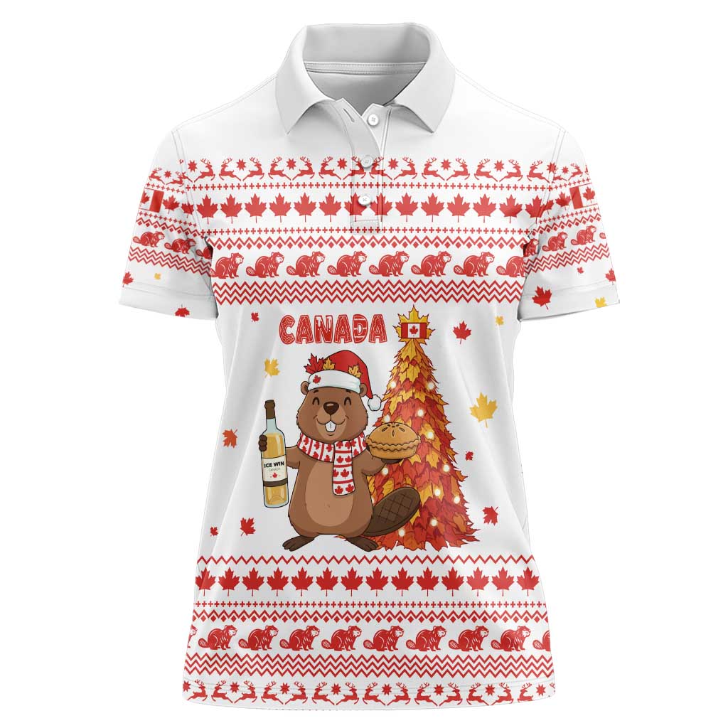 Canada Christmas Women Polo Shirt with Beaver Maple Tree Ice Wine Pie and Red White Knit Pattern Design - Wonder Print Shop
