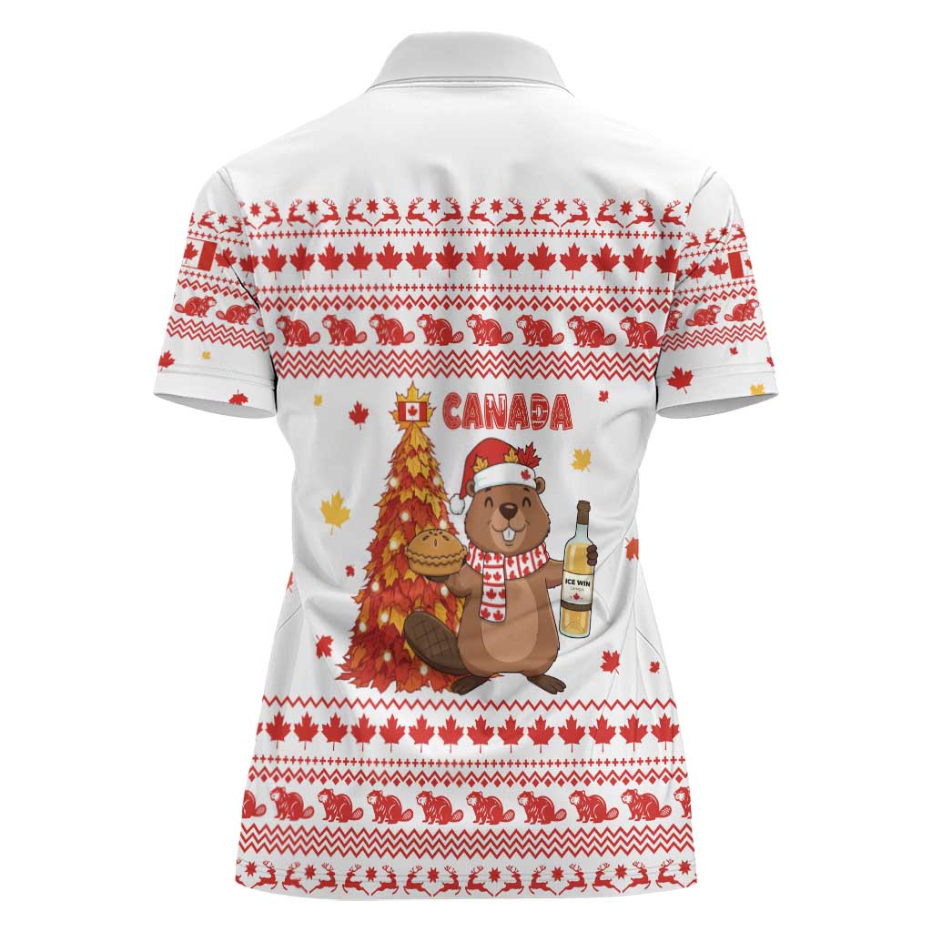 Canada Christmas Women Polo Shirt with Beaver Maple Tree Ice Wine Pie and Red White Knit Pattern Design - Wonder Print Shop