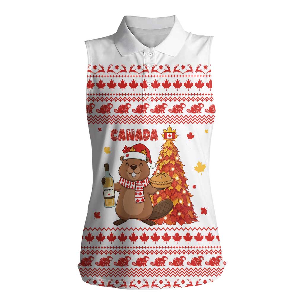 Canada Christmas Women Sleeveless Polo Shirt with Beaver Maple Tree Ice Wine Pie and Red White Knit Pattern Design - Wonder Print Shop