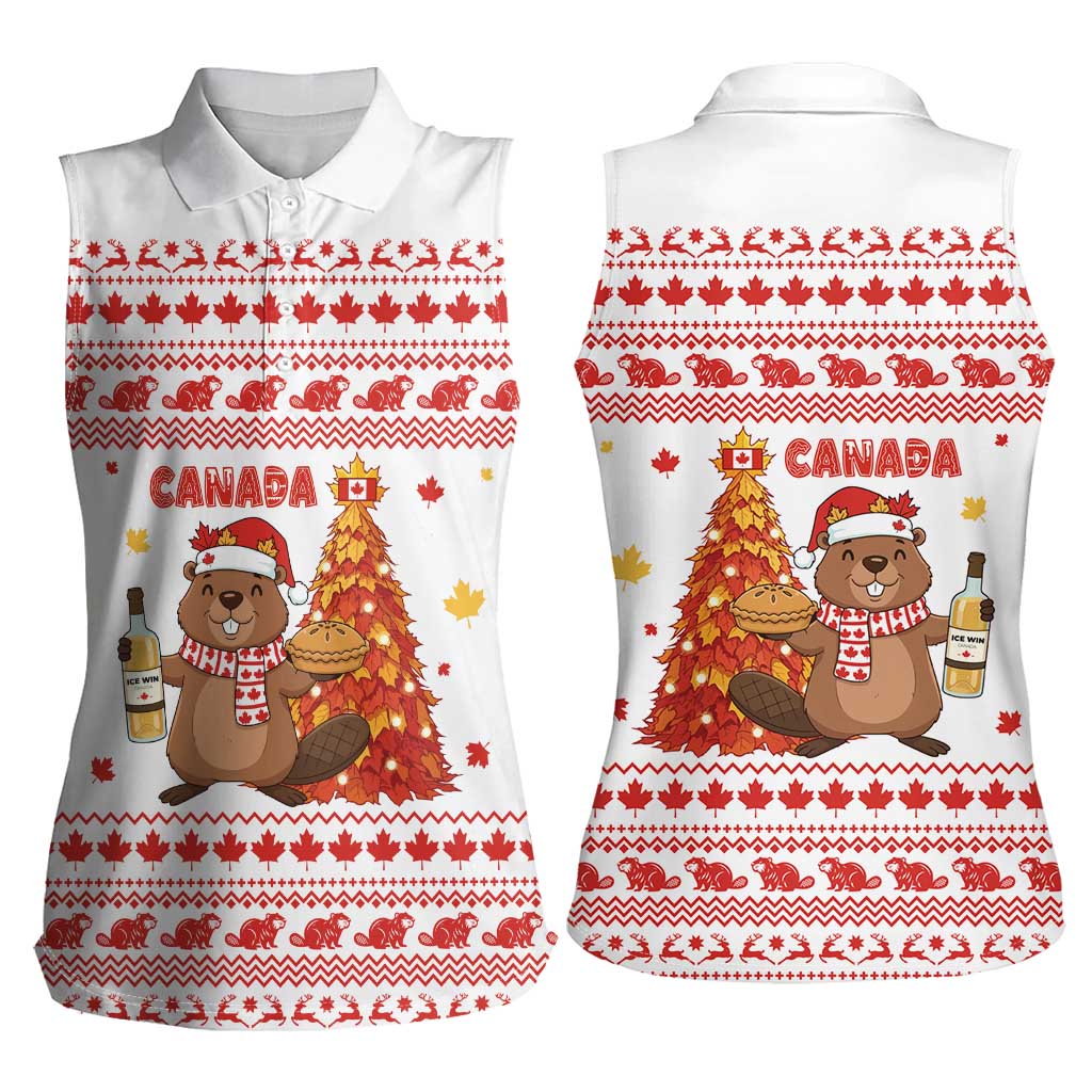 Canada Christmas Women Sleeveless Polo Shirt with Beaver Maple Tree Ice Wine Pie and Red White Knit Pattern Design - Wonder Print Shop