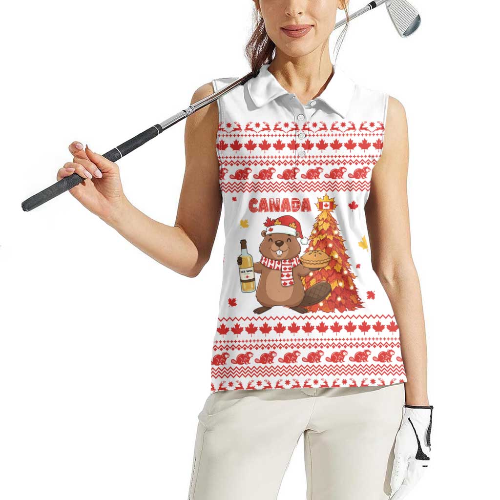 Canada Christmas Women Sleeveless Polo Shirt with Beaver Maple Tree Ice Wine Pie and Red White Knit Pattern Design - Wonder Print Shop