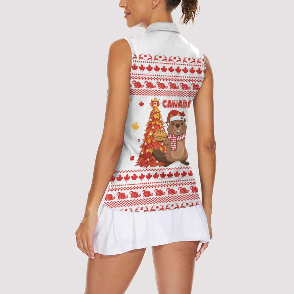 Canada Christmas Women Sleeveless Polo Shirt with Beaver Maple Tree Ice Wine Pie and Red White Knit Pattern Design - Wonder Print Shop