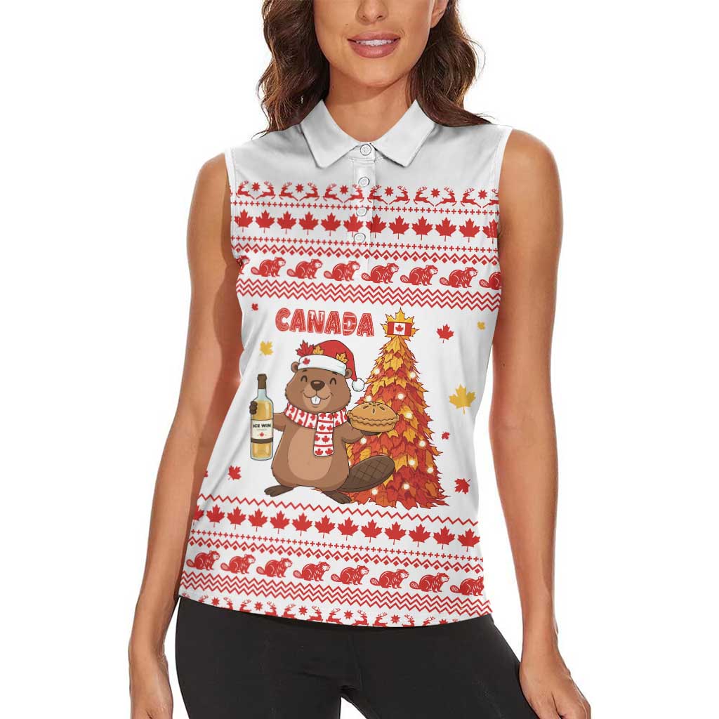 Canada Christmas Women Sleeveless Polo Shirt with Beaver Maple Tree Ice Wine Pie and Red White Knit Pattern Design - Wonder Print Shop
