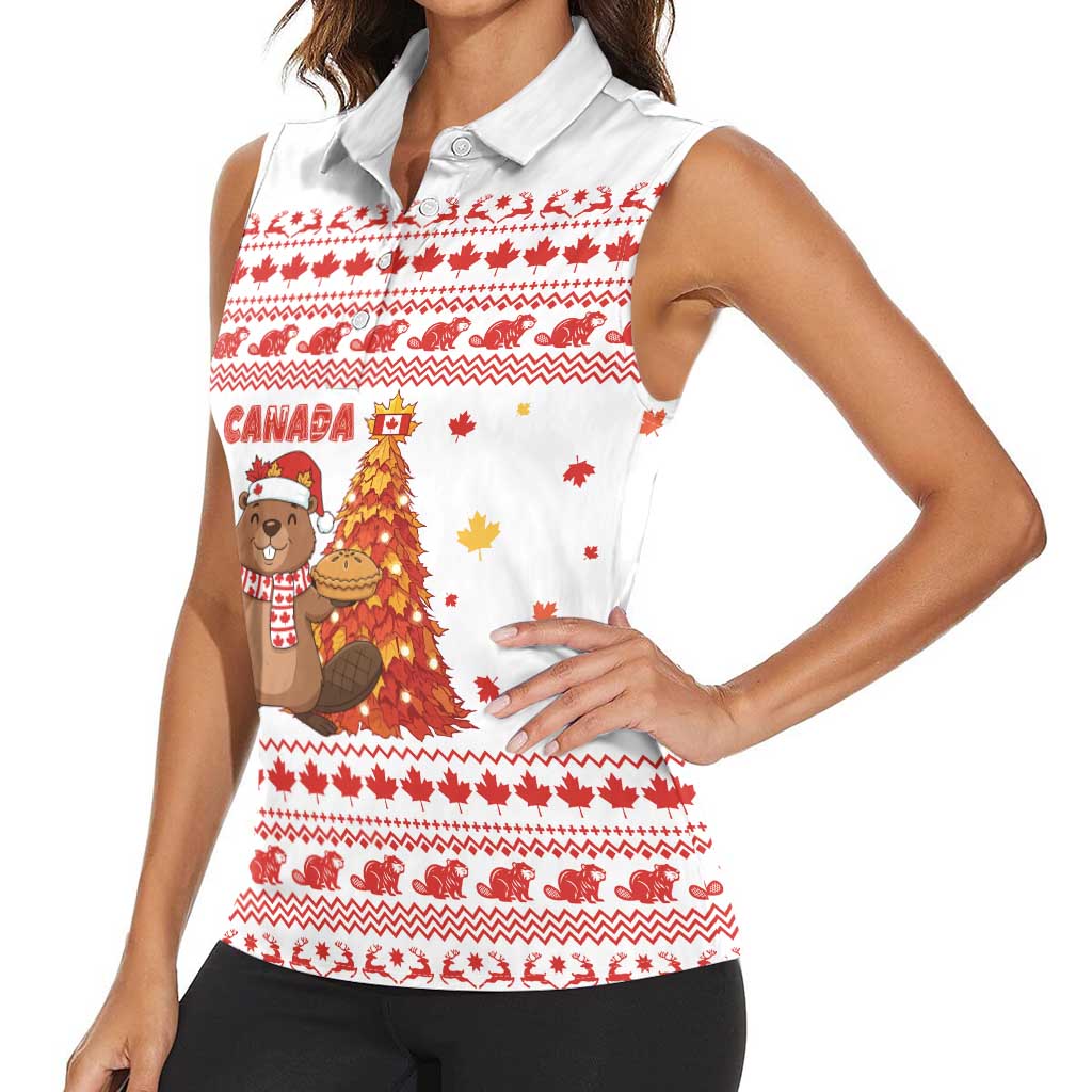 Canada Christmas Women Sleeveless Polo Shirt with Beaver Maple Tree Ice Wine Pie and Red White Knit Pattern Design - Wonder Print Shop