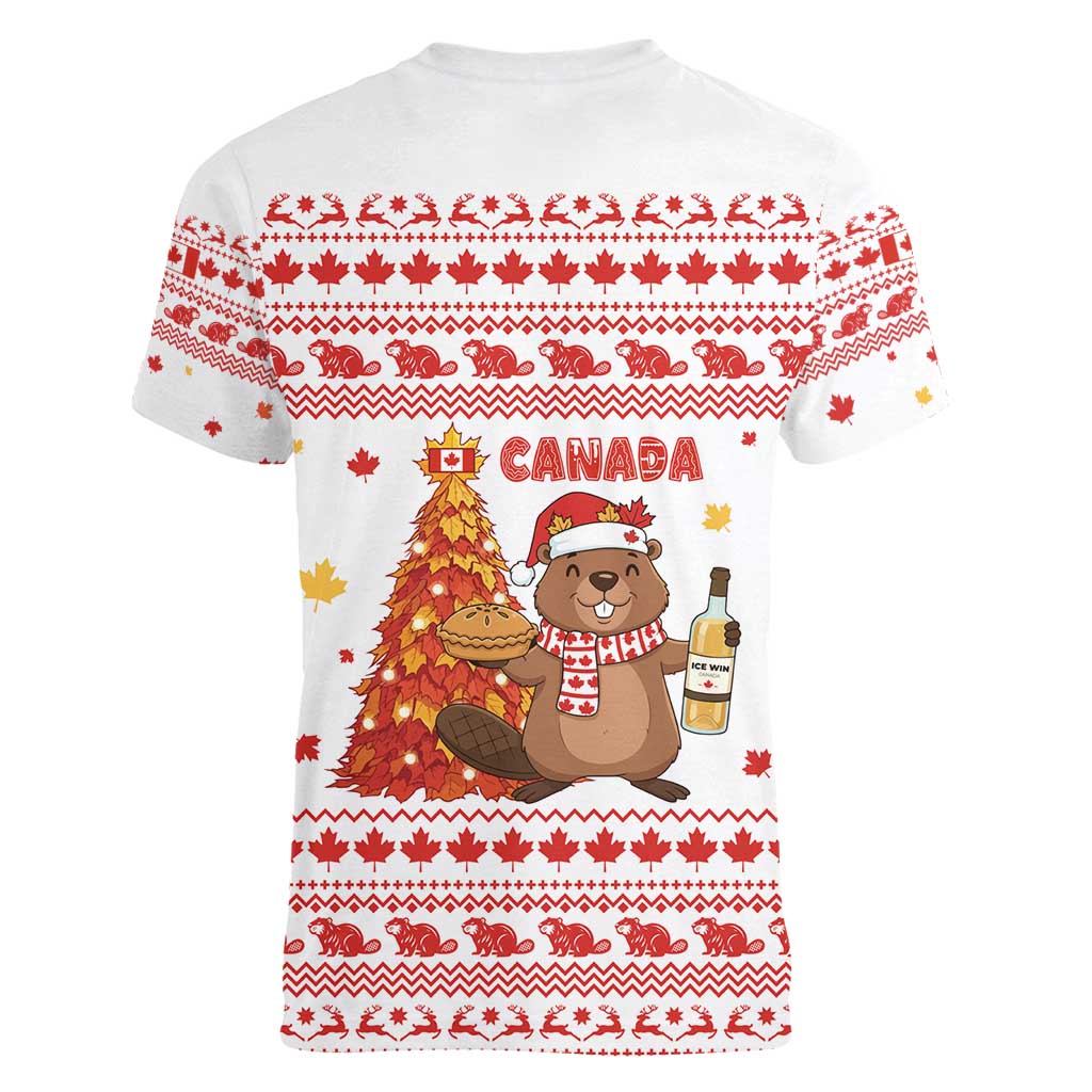 Canada Christmas Women V-Neck T-Shirt with Beaver Maple Tree Ice Wine Pie and Red White Knit Pattern Design - Wonder Print Shop