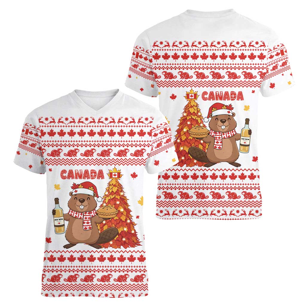 Canada Christmas Women V-Neck T-Shirt with Beaver Maple Tree Ice Wine Pie and Red White Knit Pattern Design - Wonder Print Shop
