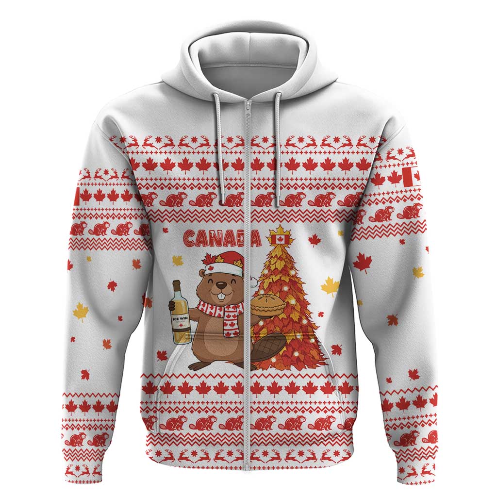 Canada Christmas Zip Hoodie with Beaver Maple Tree Ice Wine Pie and Red White Knit Pattern Design - Wonder Print Shop