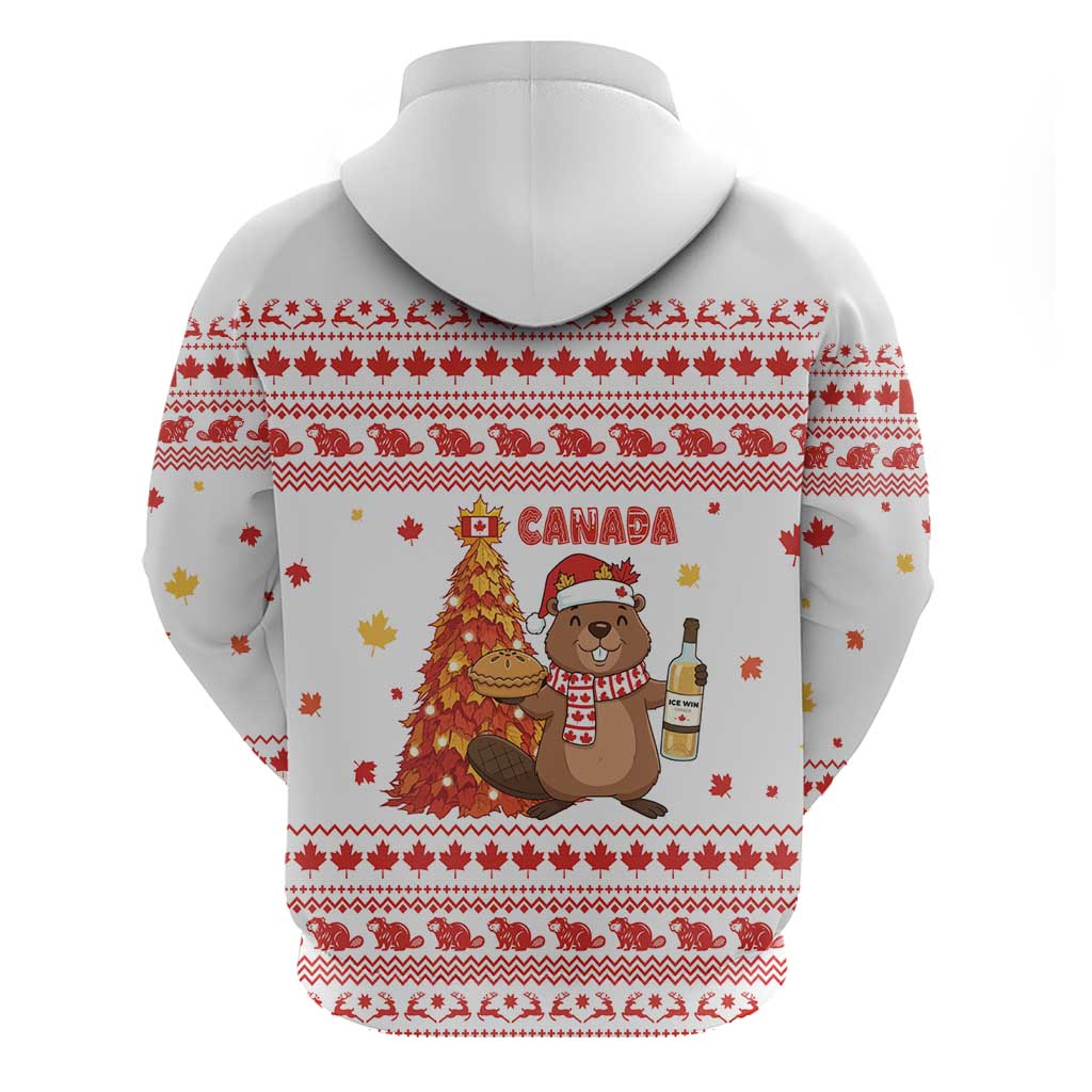 Canada Christmas Zip Hoodie with Beaver Maple Tree Ice Wine Pie and Red White Knit Pattern Design - Wonder Print Shop
