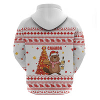 Canada Christmas Zip Hoodie with Beaver Maple Tree Ice Wine Pie and Red White Knit Pattern Design - Wonder Print Shop