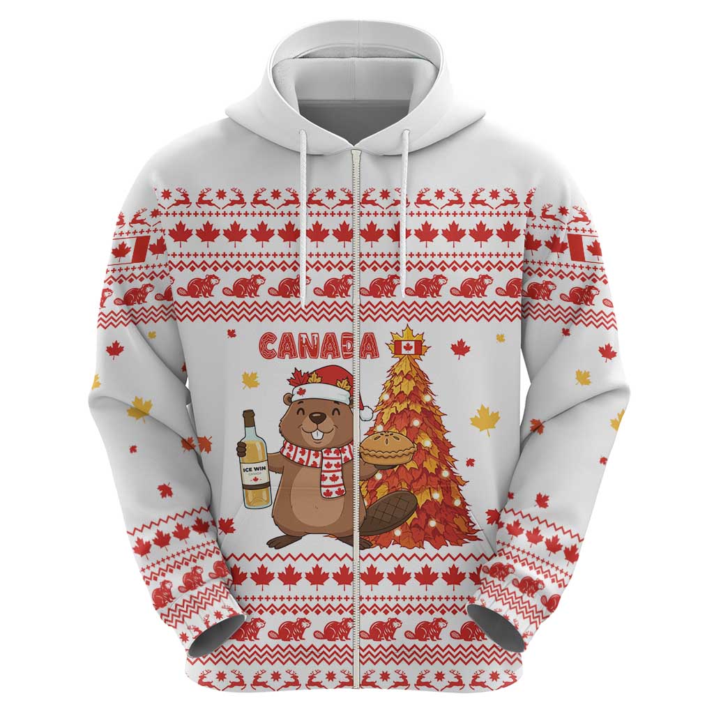 Canada Christmas Zip Hoodie with Beaver Maple Tree Ice Wine Pie and Red White Knit Pattern Design - Wonder Print Shop