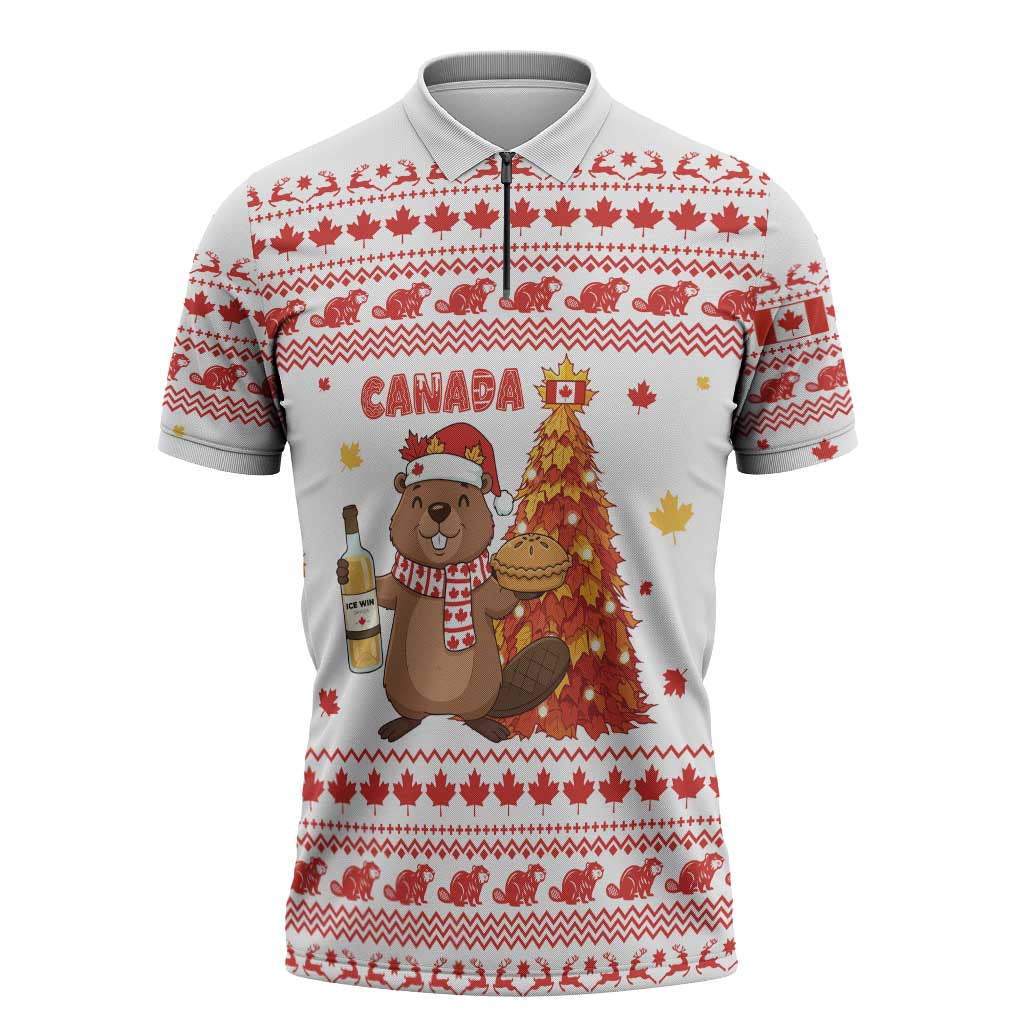 Canada Christmas Zipper Polo Shirt with Beaver Maple Tree Ice Wine Pie and Red White Knit Pattern Design - Wonder Print Shop