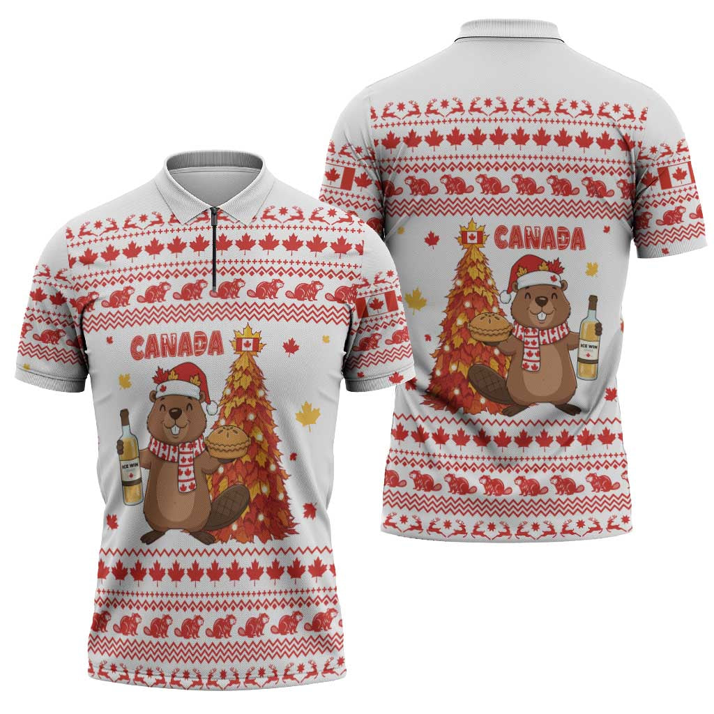 Canada Christmas Zipper Polo Shirt with Beaver Maple Tree Ice Wine Pie and Red White Knit Pattern Design - Wonder Print Shop