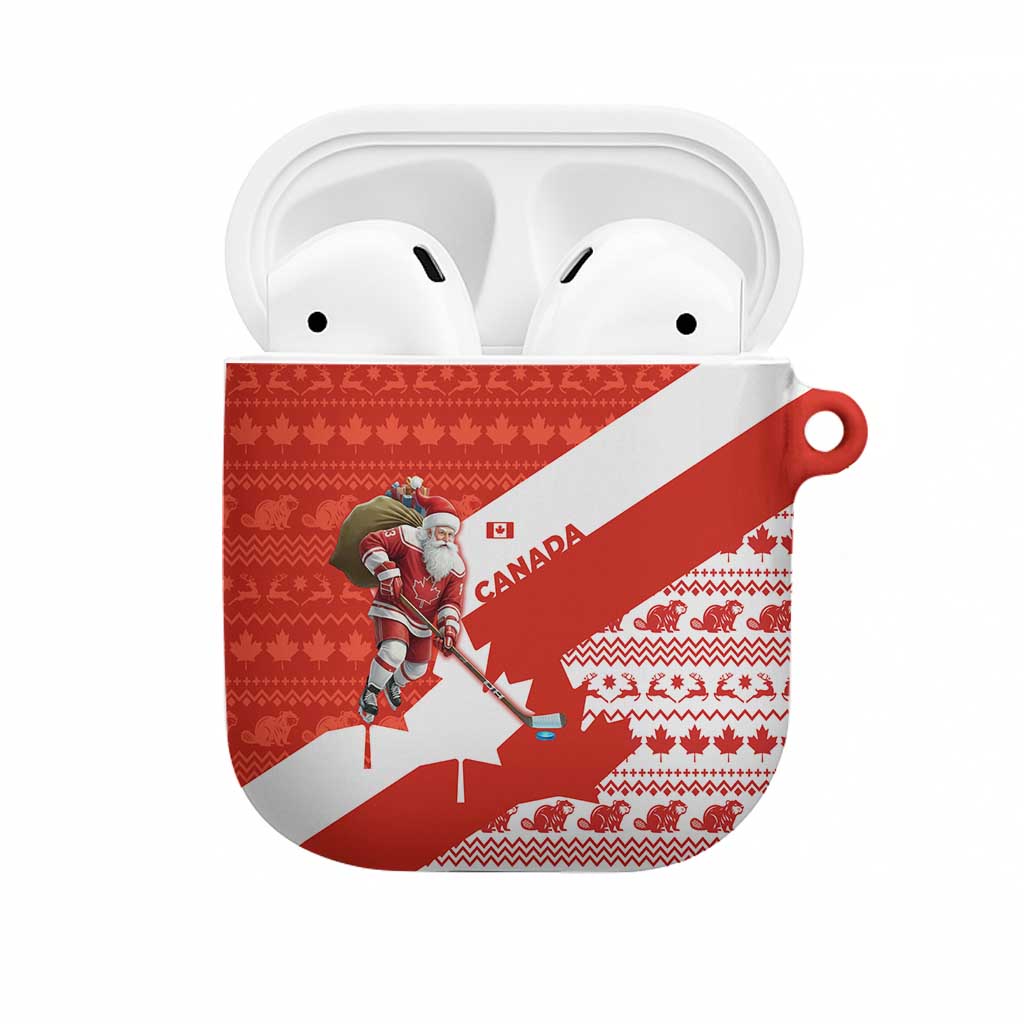 Canada Christmas AirPods Case with Santa Playing Hockey Maple Leaf Flag and Red White Knit Pattern Design - Wonder Print Shop
