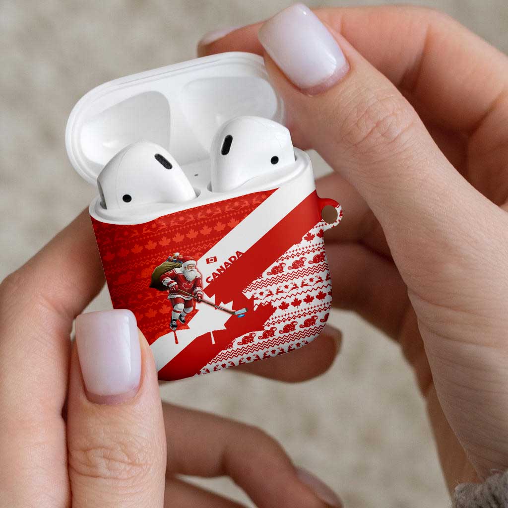Canada Christmas AirPods Case with Santa Playing Hockey Maple Leaf Flag and Red White Knit Pattern Design - Wonder Print Shop