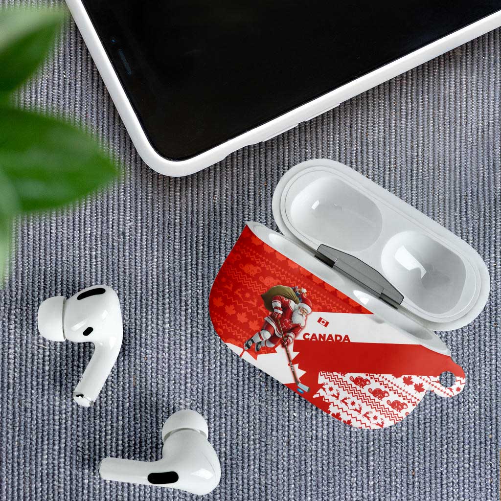 Canada Christmas AirPods Case with Santa Playing Hockey Maple Leaf Flag and Red White Knit Pattern Design - Wonder Print Shop