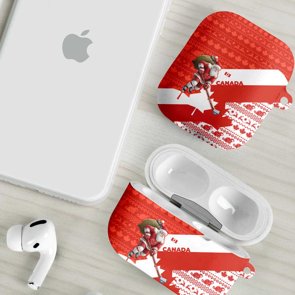 Canada Christmas AirPods Case with Santa Playing Hockey Maple Leaf Flag and Red White Knit Pattern Design - Wonder Print Shop