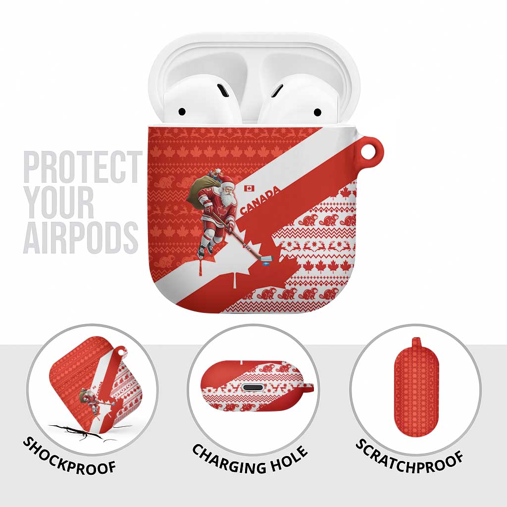 Canada Christmas AirPods Case with Santa Playing Hockey Maple Leaf Flag and Red White Knit Pattern Design - Wonder Print Shop