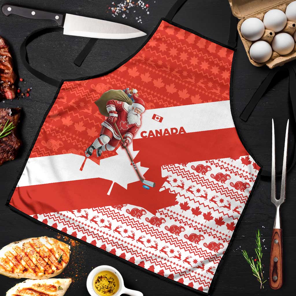 Canada Christmas Apron with Santa Playing Hockey Maple Leaf Flag and Red White Knit Pattern Design - Wonder Print Shop