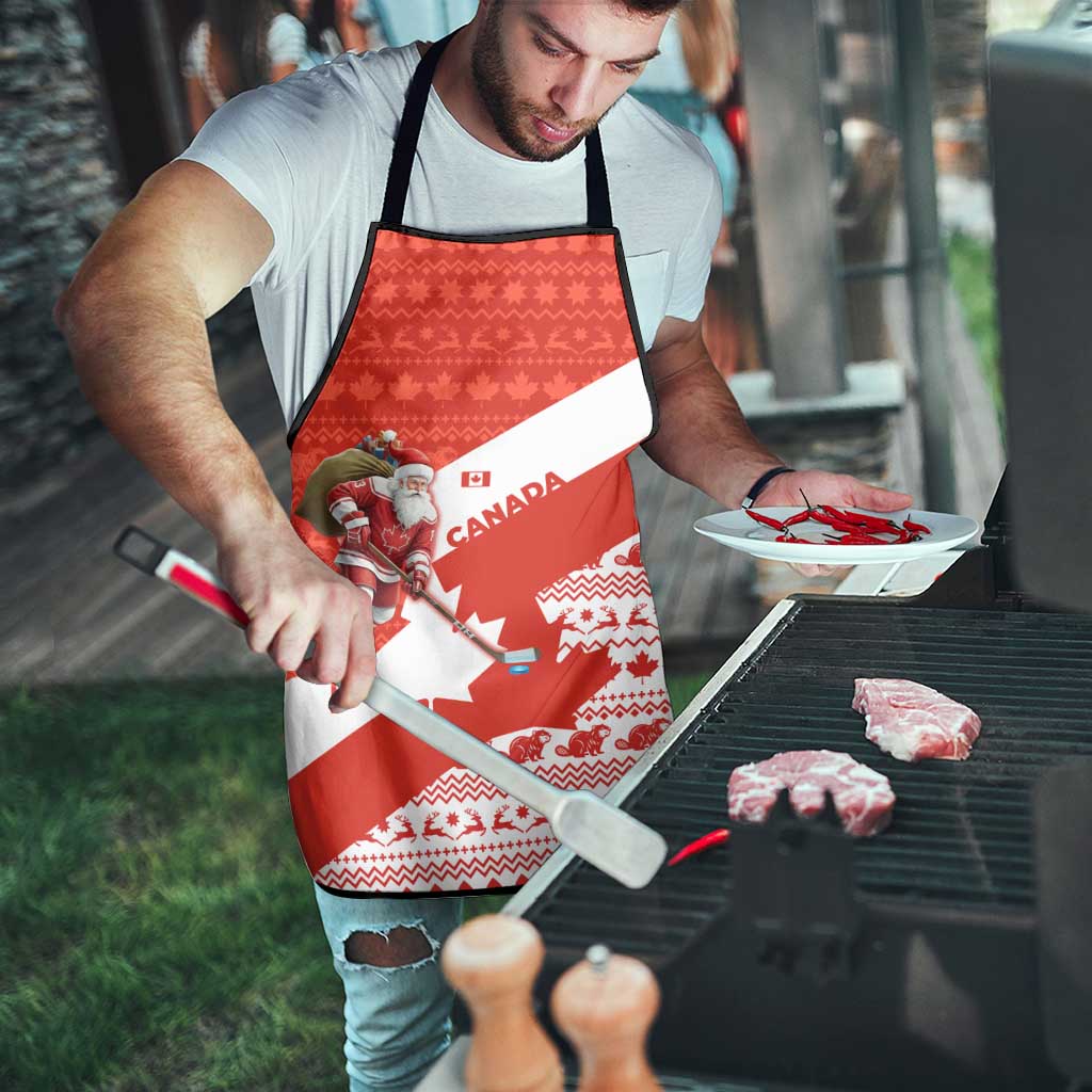 Canada Christmas Apron with Santa Playing Hockey Maple Leaf Flag and Red White Knit Pattern Design - Wonder Print Shop