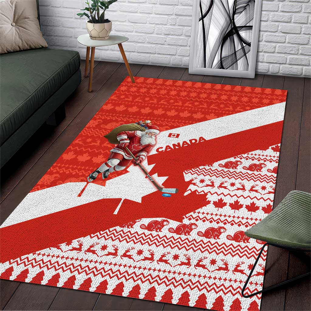 Canada Christmas Area Rug with Santa Playing Hockey Maple Leaf Flag and Red White Knit Pattern Design - Wonder Print Shop
