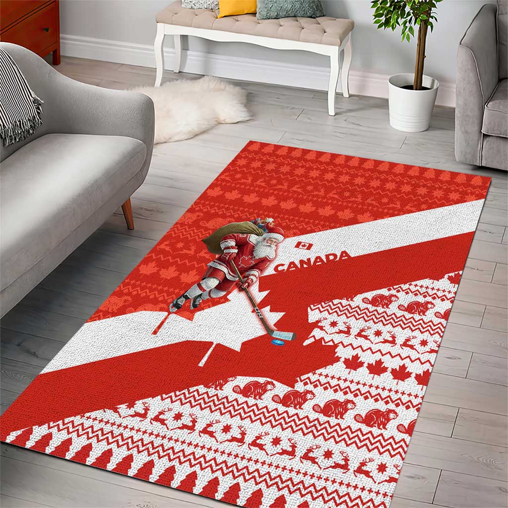 Canada Christmas Area Rug with Santa Playing Hockey Maple Leaf Flag and Red White Knit Pattern Design - Wonder Print Shop